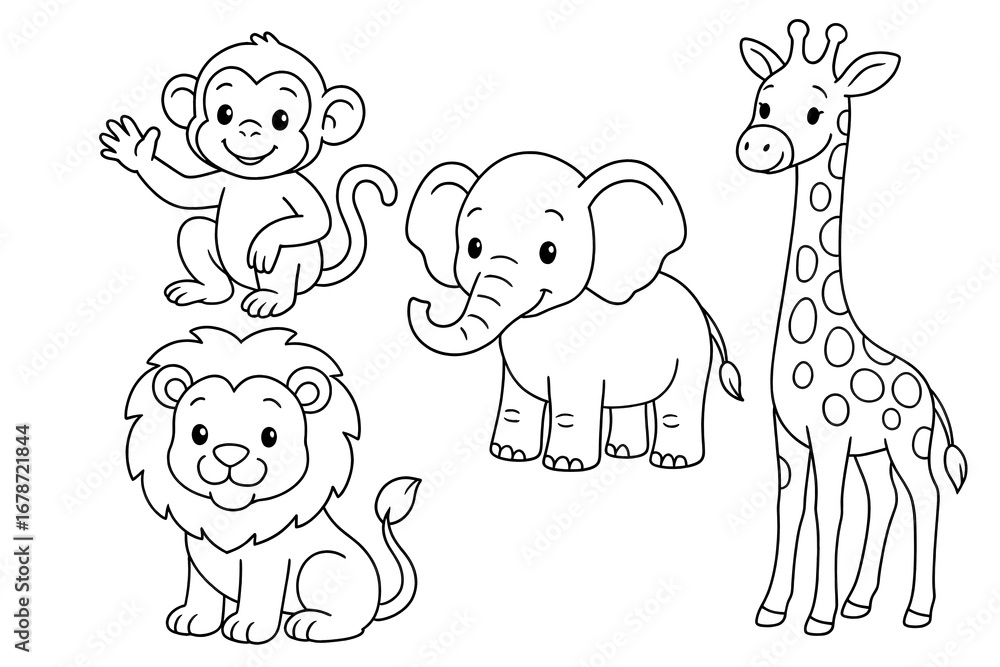 Obraz premium Coloring for children and adults, coloring of the animal world, elephant, monkey, lion, giraffe.