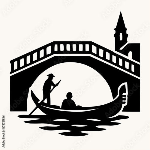 A beautiful vector illustration of a gondola boat sailing the sea in a stylized Venice cityscape with a couple aboard