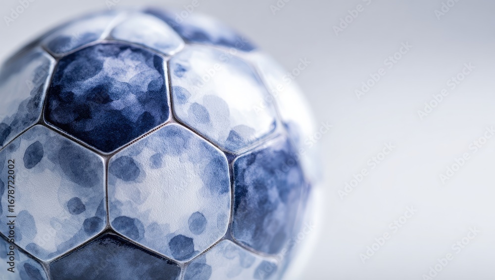 Naklejka premium Close-up of a soccer ball with a unique blue and white abstract pattern on its hexagonal panels against a blurred light background