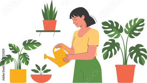 Woman watering houseplants with a yellow watering can