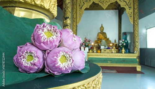 Pink Lotus Flowers Arranged on Temple Altar