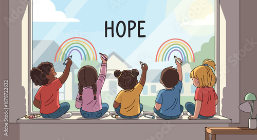 Children Drawing Rainbows and Hope on Window Reflecting Optimism and Unity Amidst Challenges Showcasing Childhood Innocence Expressing Dreams and