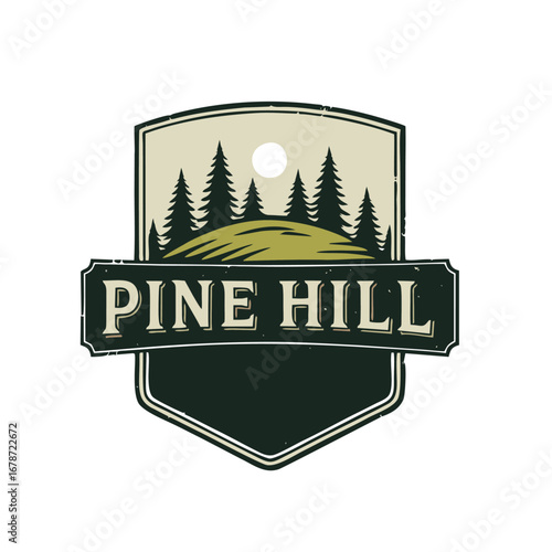 Vintage Pine Hill Badge Logo Design featuring Pine Trees, Rolling Hills, and Sun on a Distressed Shield Emblem