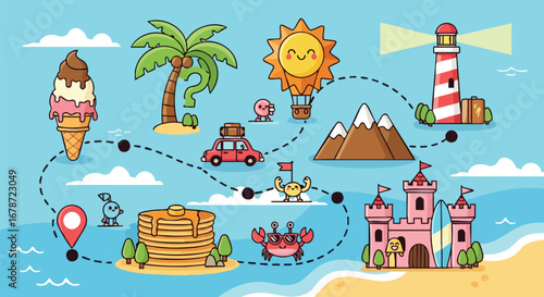 Whimsical summer vacation adventure illustration with cartoon landmarks and playful characters showing a fun travel route perfect for children