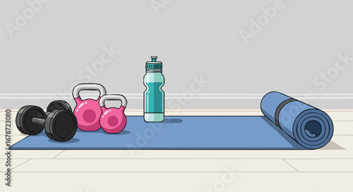 Fitness time setup with dumbbells, kettlebells, water bottle and rolled mat on bright floor showcasing health and wellness lifestyle equipment