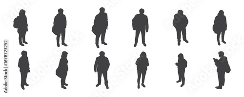 Architectural Drawings Hand drawn silhouette collection of people standing in top view perspective, casual everyday poses, men and women, black ink pen drawing style vector illustration