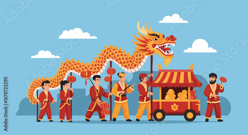 A vibrant depiction of a traditional Chinese dragon parade with performers and festive elements under a blue sky with fluffy clouds