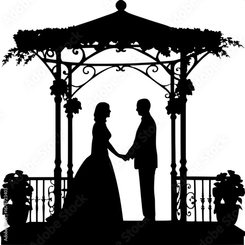 Stylized black and white wedding silhouette, bride and groom hand in hand beneath wrought-iron gazebo with flowers, viewed from slightly above.
