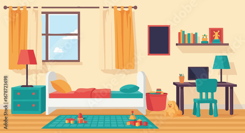 Cozy and colorful child's bedroom with bed, desk, toys, a window and decor provides a playful and inviting atmosphere perfectly captures the essence