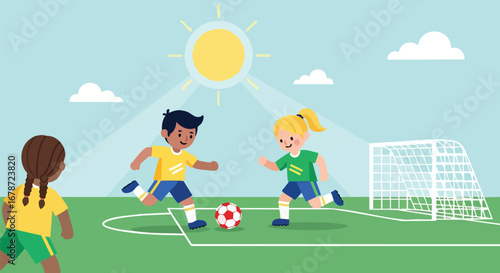 Kids engage in spirited soccer match under the sun, showcasing youthful energy and teamwork in a vibrant outdoor setting on a bright day