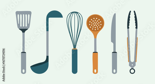 Minimalist kitchen utensils illustration showcasing cooking equipment in vector format flat design style isolated against a neutral background
