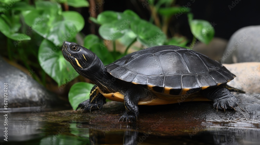 Obraz premium Black Turtle on Rock Near Water Surrounded by Green Leaves