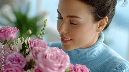 Woman gently smelling beautiful pink roses while sitting in bright airy space. Sunlit background enhances peaceful atmosphere. Concept of floral shops, beauty industry, relaxation