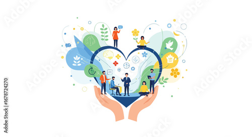 Hands Holding a Heart Shape Enclosing Diverse People and Symbolic Icons Representing Community Support and Connection Illustration