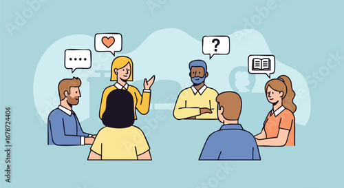 Illustration depicting an interactive group discussion session with thought bubbles overhead reflecting different perspectives