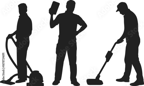 Cleaning service workers silhouette, janitor vacuum illustration, professional floor cleaners vector,