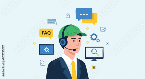 Illustration of a Customer Support Representative with Digital Communication Icons and Modern Aesthetic, suitable for virtual assistance and client