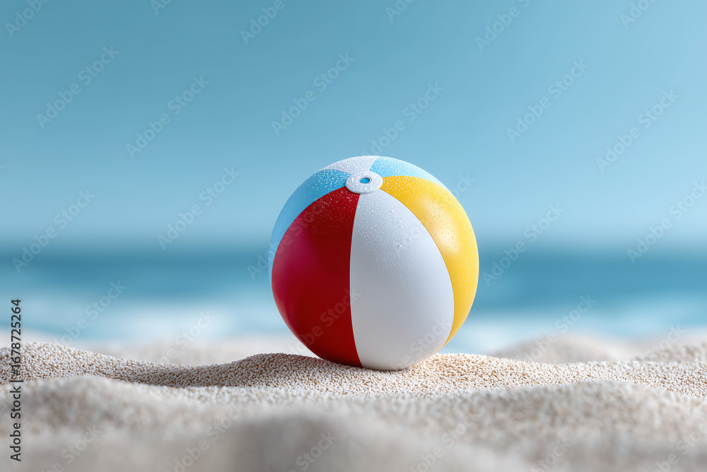 Obraz premium A beach ball resting on a sandy beach with the ocean in the background. The ball has red, blue, yellow and white panels, perfect for a day of sun and fun.