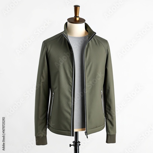 Stylish green and gray mens bomber jacket on mannequin mockup