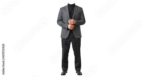 Full body view of an anonymous businessman in a stylish grey suit and turtleneck, isolated on a white background