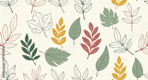 Serene backdrop displaying an array of autumn foliage with pastel shades scattered across a calming cream canvas, reminiscent of nature's artistic
