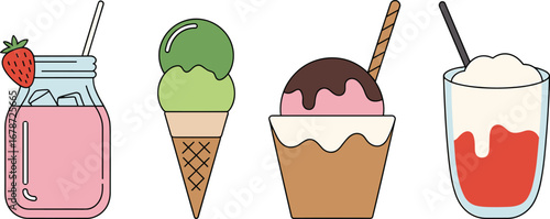 Colorful dessert and drink vector illustration, ice cream cone, strawberry smoothie, sundae cup, milkshake glass, sweet food design, summer refreshment concept, cartoon style
