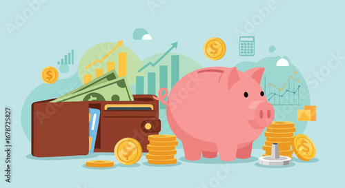 Financial Strategy Visualization: Piggy Bank, Wallet, and Economic Growth Indicators Representing Investment and Savings  Strategies
