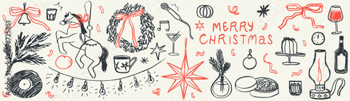 Retro vintage new year drawings. Doodle sketches in grunge minimalist charcoal style for Christmas party or new year celebration decor like posters and invitation cards. Hand drawn chalk elements.