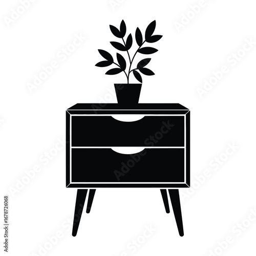 Minimalist nightstand with plant Silhouette, Vector, Illustration, Outline, Line Art, Icon, White Background.