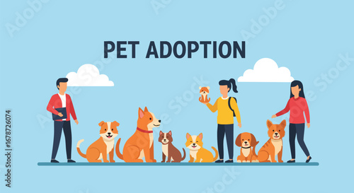 Joyful pet adoption event showcasing a variety of dog breeds with caring staff assisting prospective adopters a heartwarming scene for animal lovers
