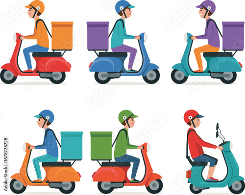 Courier scooter illustration, delivery service riders, food transport vector, online shipping courier, parcel distribution design, fast delivery boy, express logistics motorcycle clipart