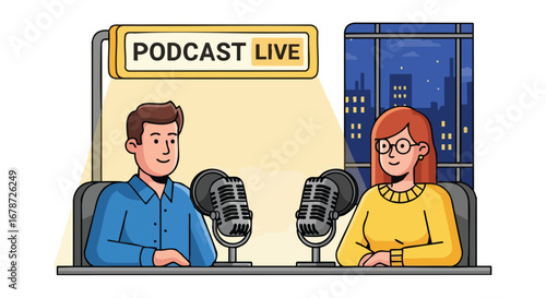 Live Podcast Session Featuring Two Hosts with Retro Microphones and Cityscape Backdrop, capturing the essence of broadcast media and communication