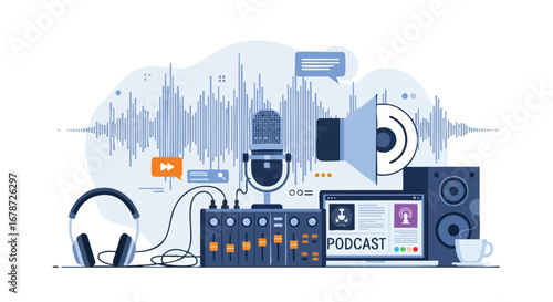 Podcast recording setup: A digital illustration of microphone, mixer, laptop, and headphones for creative audio content production