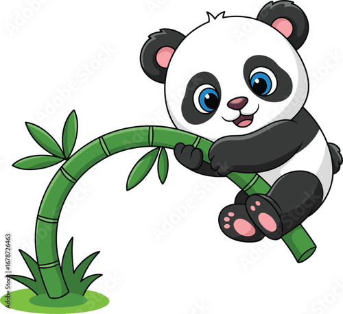 Cute baby panda cartoon vector illustration sitting on green bamboo, adorable animal character design for kids, isolated on white background, perfect for decoration