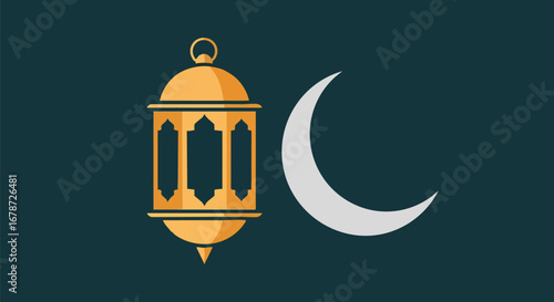 Intricate lantern next to a crescent moon, symbolizing nocturnal light and calm reflections in a serene celestial celebration