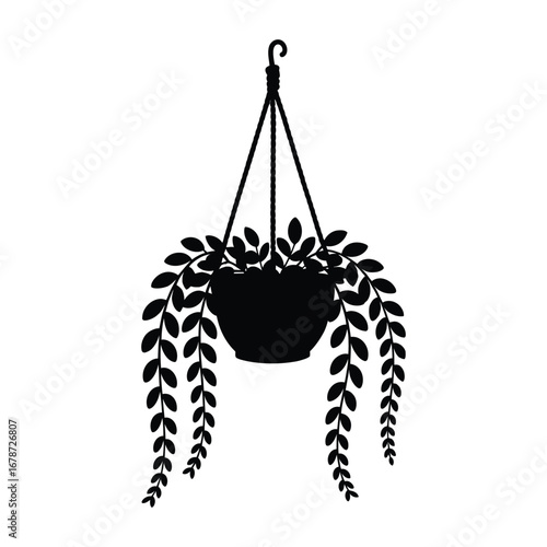Hanging planter with trailing vines Silhouette, Vector, Illustration, Outline, Line Art, Icon, White Background.