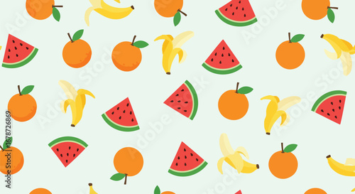 Playful Fruit Fiesta: A Vibrant Pattern of Bananas, Oranges, and Watermelons on a Light Backdrop