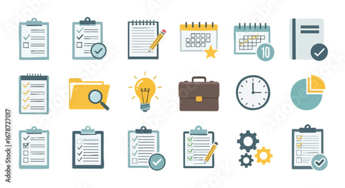 Modern vector design with business and office icons representing productivity and efficiency, ideal for corporate communications and project