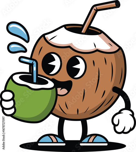 Happy cartoon coconut drinking coconut water
