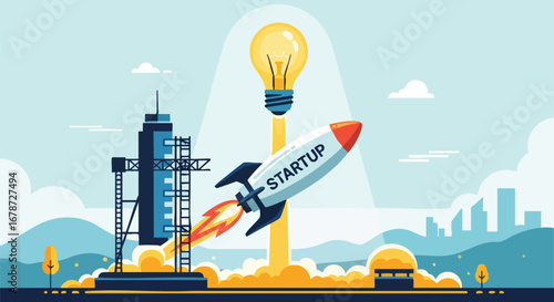 Innovative startup launch illustration with rocket, light bulb idea and under construction skyscraper, concept of creative business growth