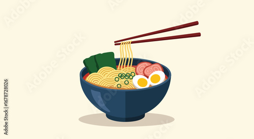 Stylized depiction of ramen bowl with noodles and chopsticks elevating the dish with a minimalist aesthetic