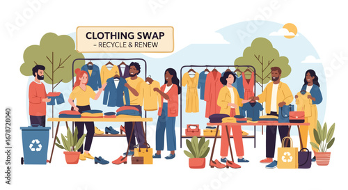 Illustrative Clothing Swap Event Promoting Sustainability and Community Engagement through Fashion Exchange and Recycling Initiatives