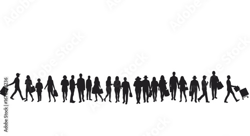 Silhouette of diverse crowd shopping festival activity on white backdrop