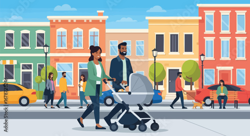 Vibrant urban scene depicting a young couple strolling with a baby stroller on a sunny day against a backdrop of colorful buildings