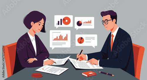 Professional agreement analysis: Two business people review financial reports