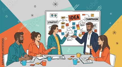 Collaborative brainstorming session: Team devising innovative marketing campaign strategies in the office
