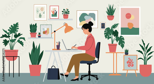 Stylized vector of a professional woman working in a plant filled office
