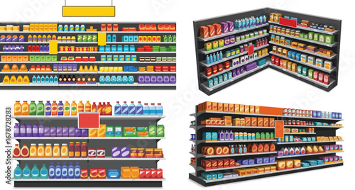 Diverse supermarket shelf layouts offering a wide array of consumer goods