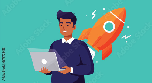 Young entrepreneur launching startup with laptop and rocket icon design