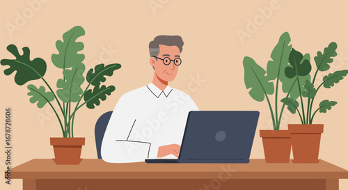 Stylized vector illustration of a professional working remotely at home